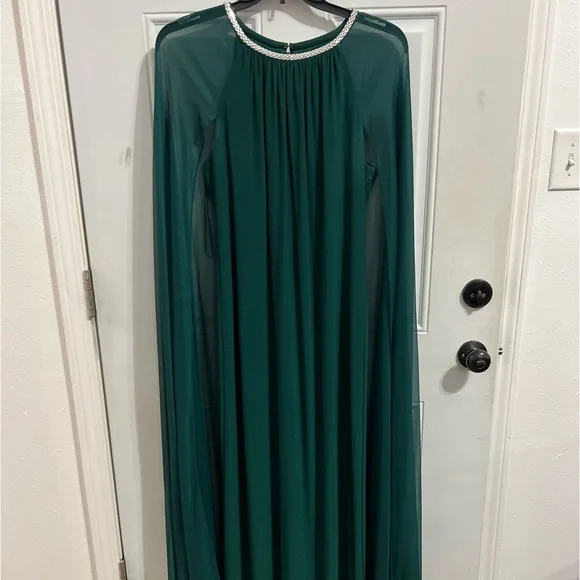 Dresses | Emerald Green Along Cape Dress With Rhinestone Neckline | Poshmark